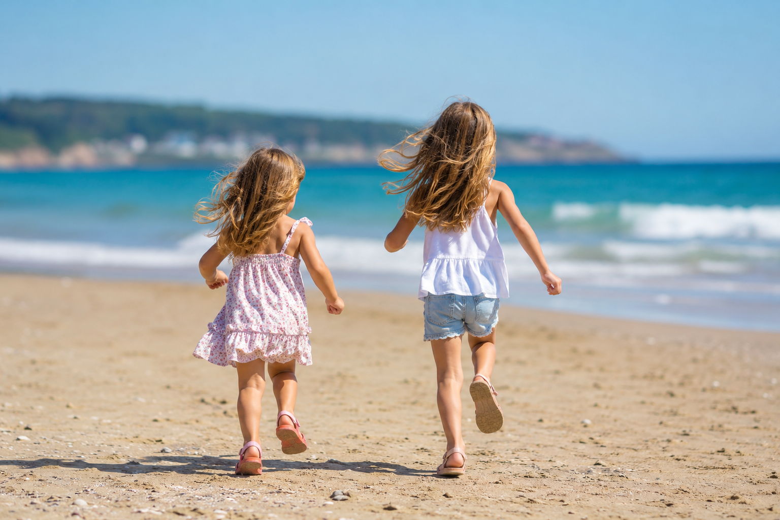 two girls running towards the sea: how to keep your kids healthy on holiday