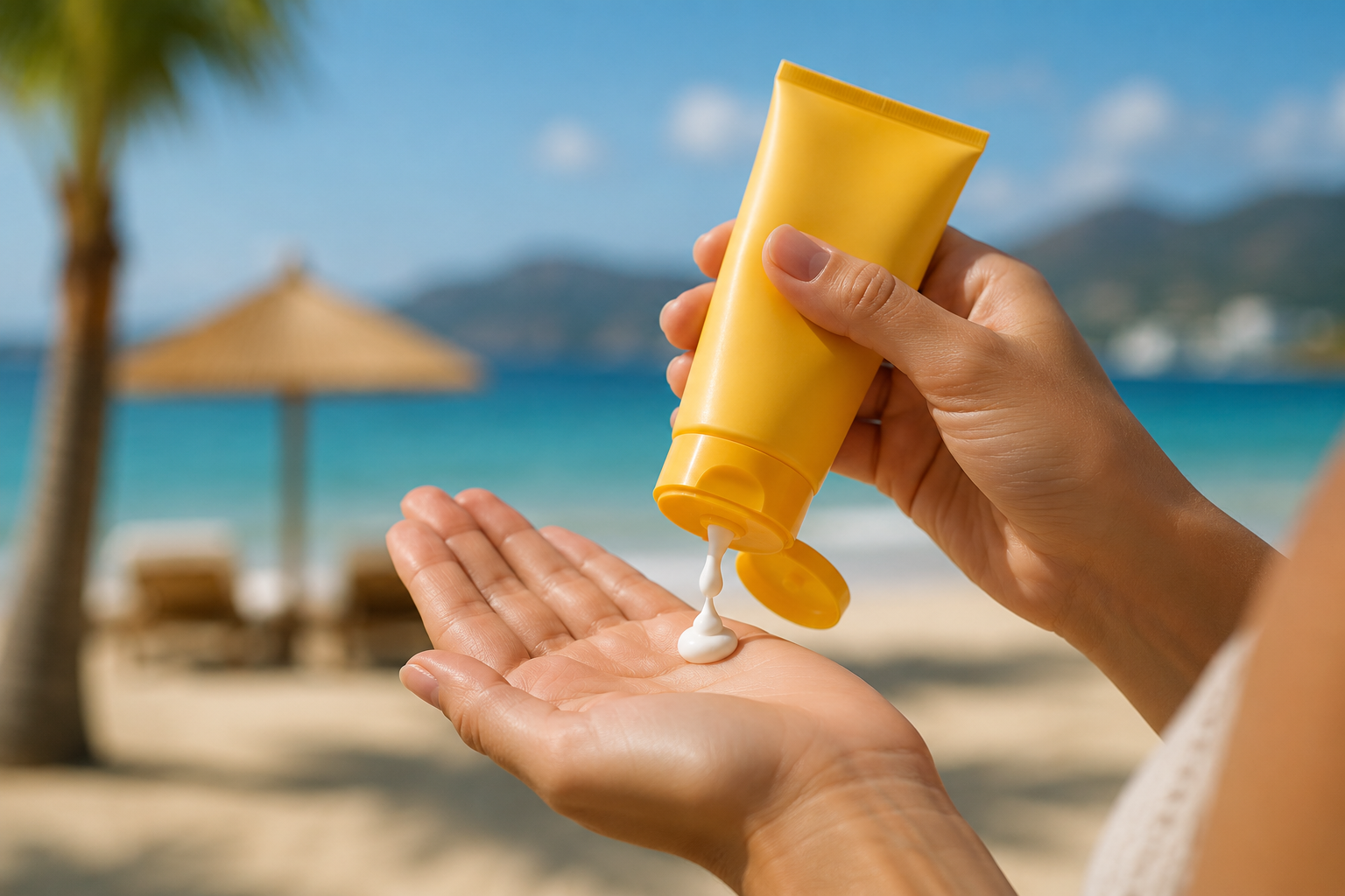 Woman putting factor 30 sun cream on to help with skin damage and prevent skin cancer