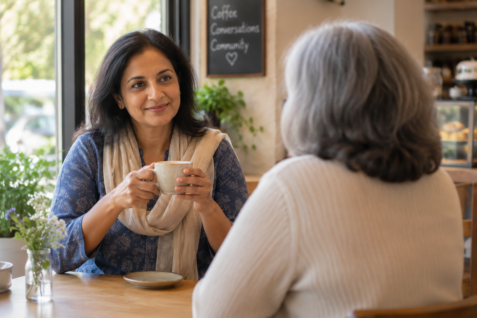 a woman in a coffee shop talking to her friend about vaginal pessary options for incontinence