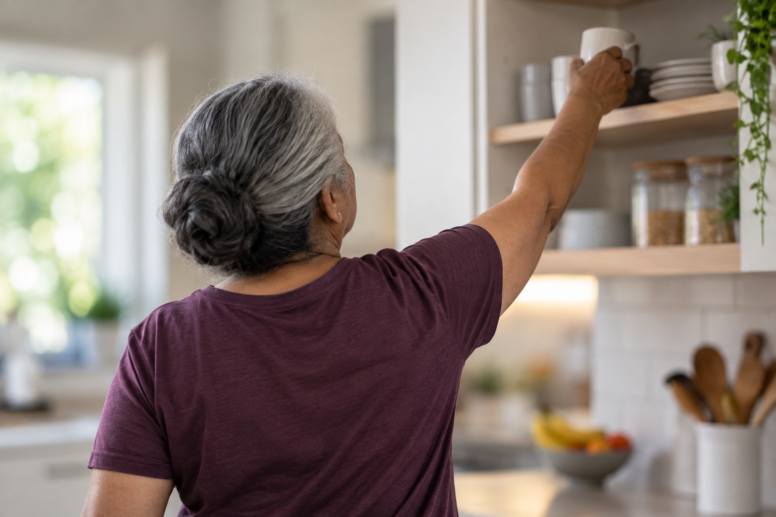 Lady reaching for an item on a shelf suffering from shoulder impingement